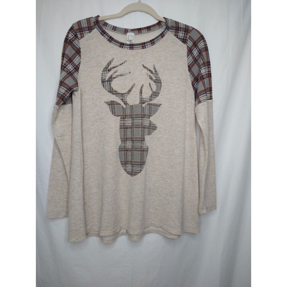 Sun & Moon Plaid Deer Head Long Sleeve Shirt Size Large Cozy Rustic Outdoor Soft